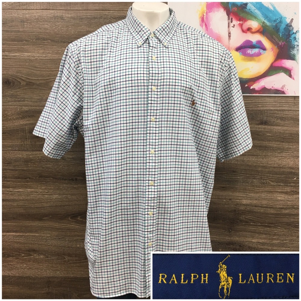Ralph Lauren Mens 3XLT Big Tall Short Sleeve Check Plaid Button Down Shirt Blue